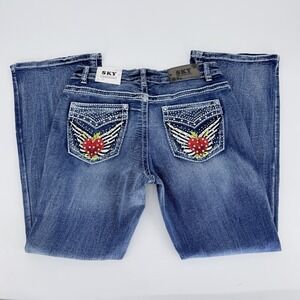 SKY Premium Collection Low Rise Bootcut Jeans Heart Wings Rhinestone 15/16 NWT